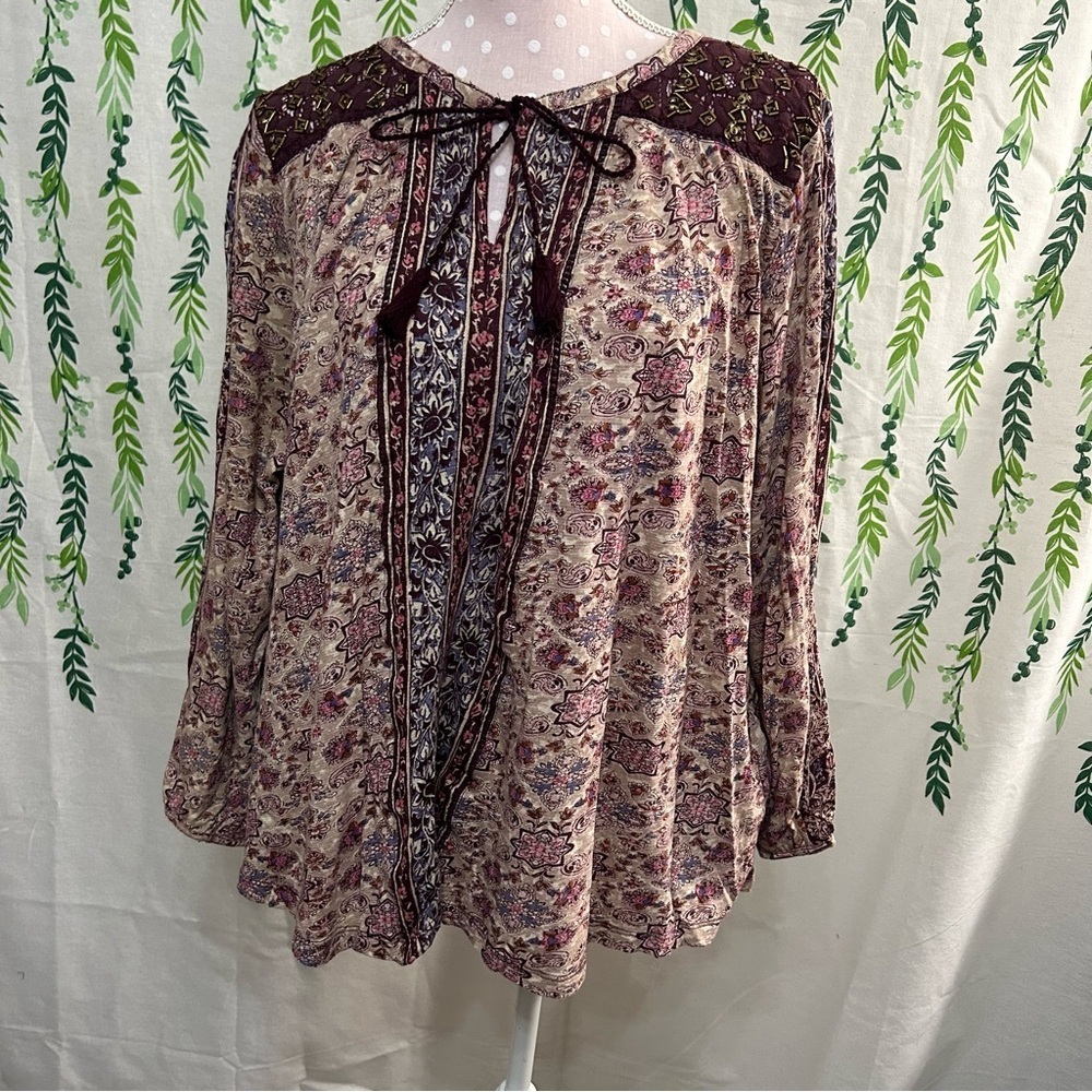 Lucky Brand Long Sleeve Tie Front Blouse A3